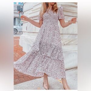 Storia Purple Ditsy Floral Smocked Ruched Maxi Dress